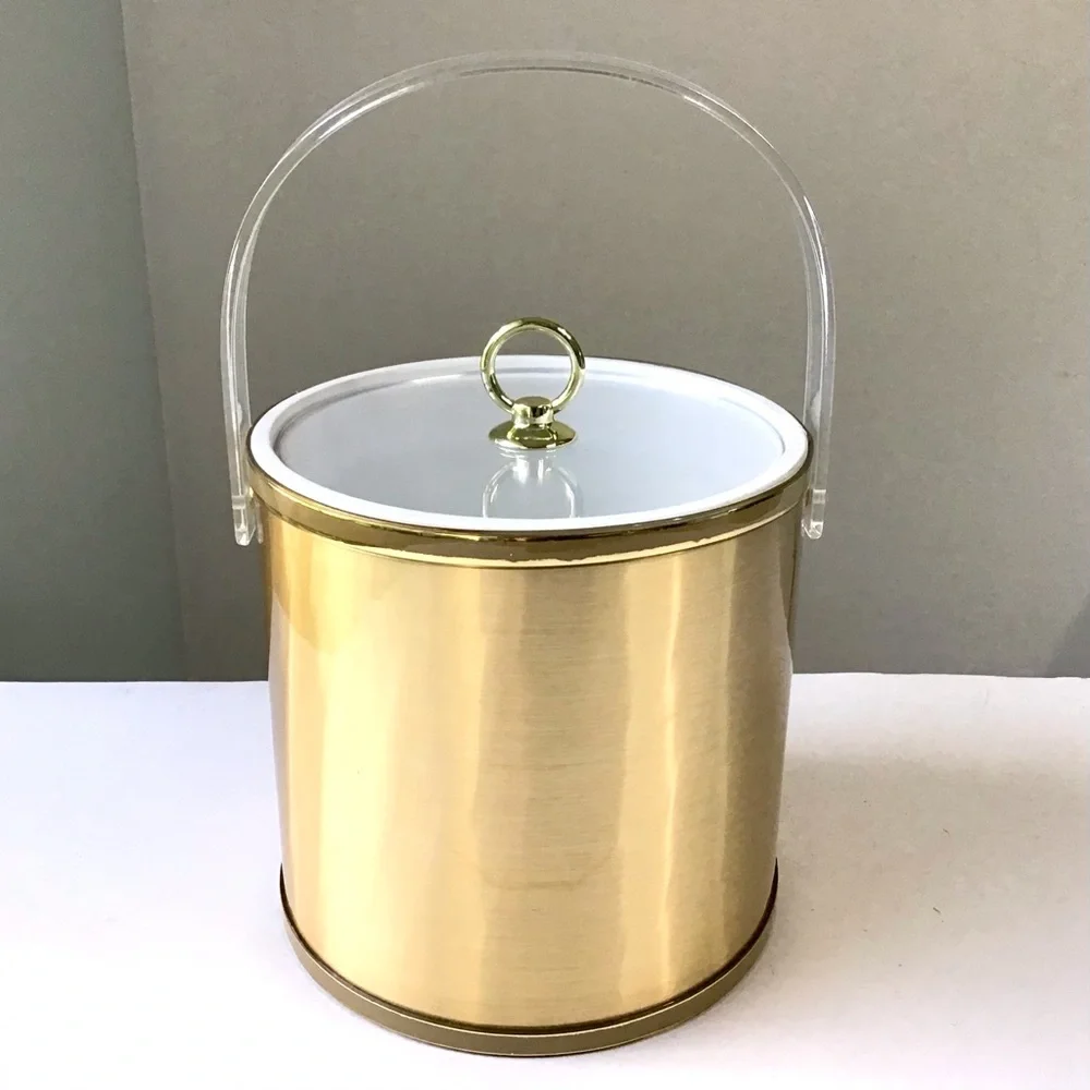 Vintage Drulane Ice Bucket Gold with Clear Handle & Lid 1980s Towle Co USA Made
